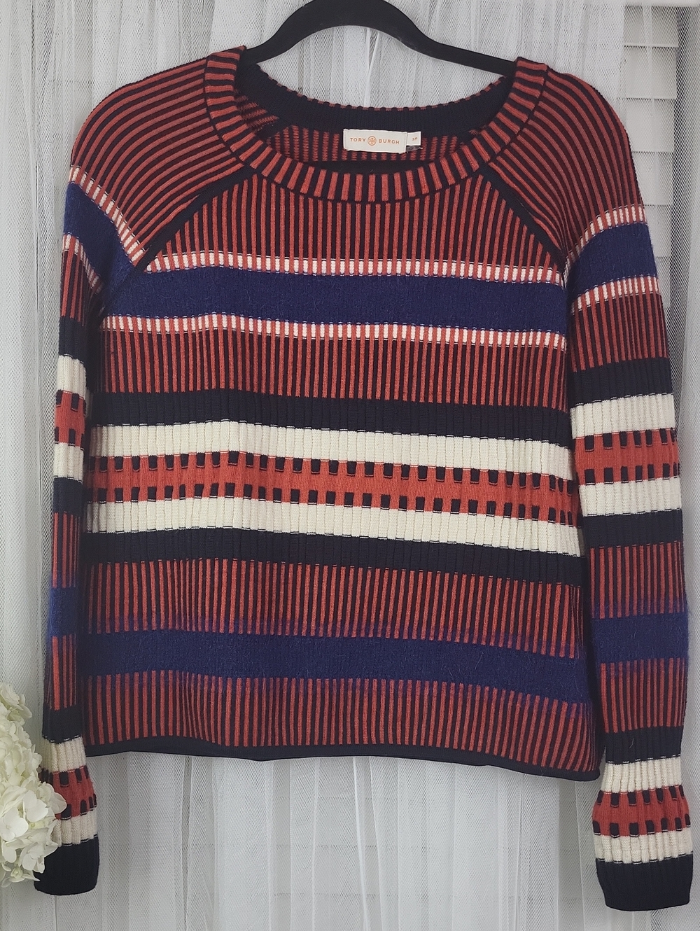 Tory Burch Womens Striped Ribbed Crewneck Sweater — Red, Navy & Cream. Size SP